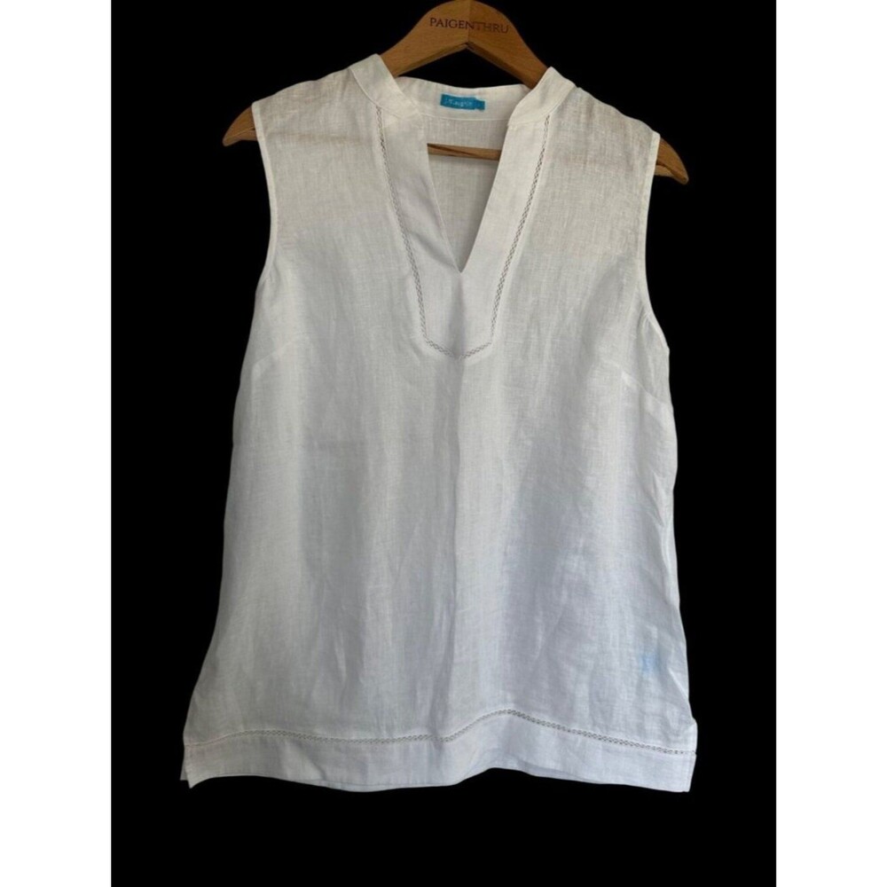 J Mclaughlin Womens LG White Linen Popover Blouse Top Nautical Coastal